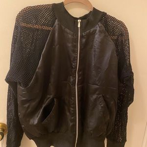 bomber type jacket with fishnet sleeves